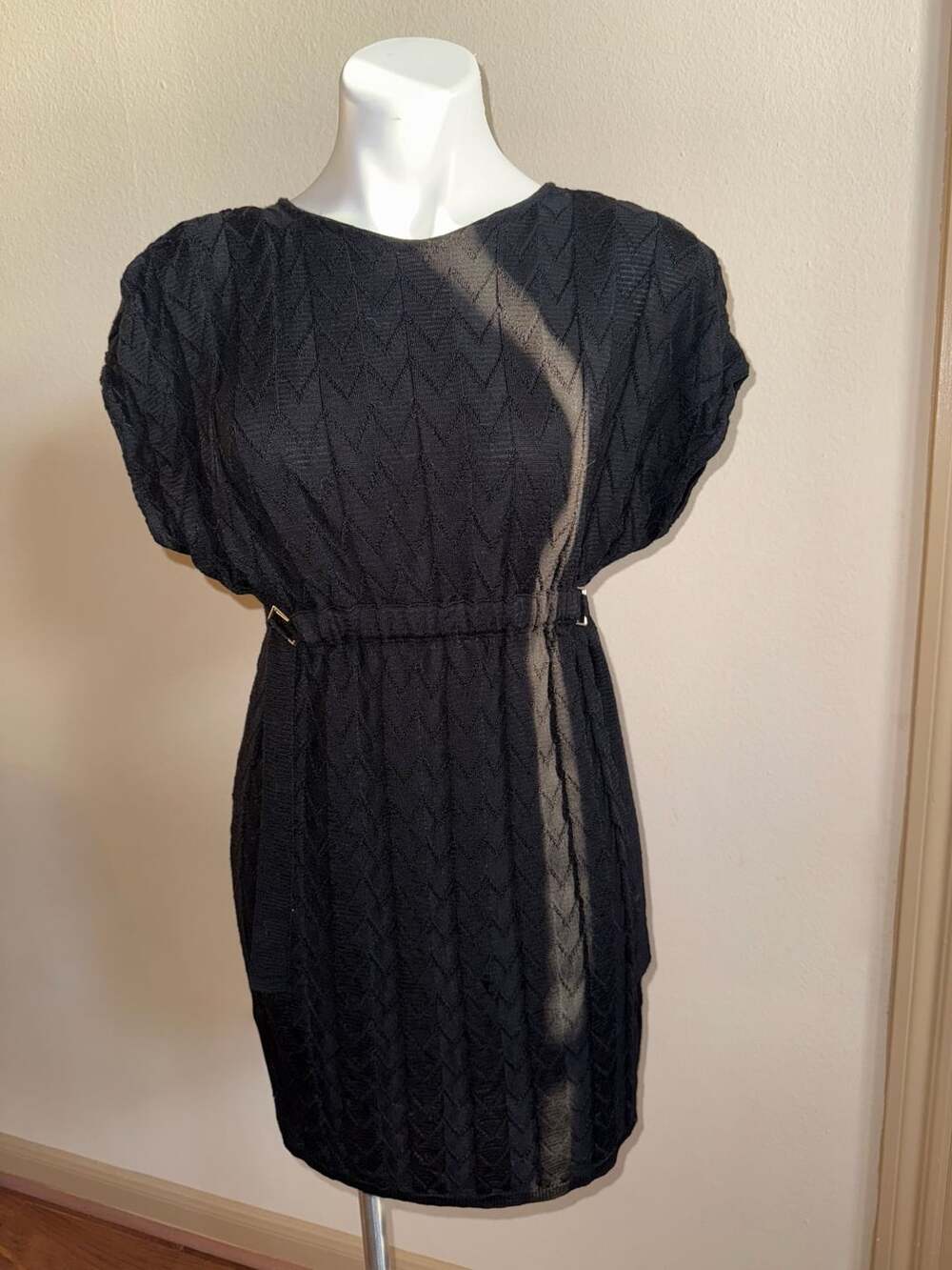 M Missoni Black Knit Chevron Pattern Short Sleeve Belted Dress Size M